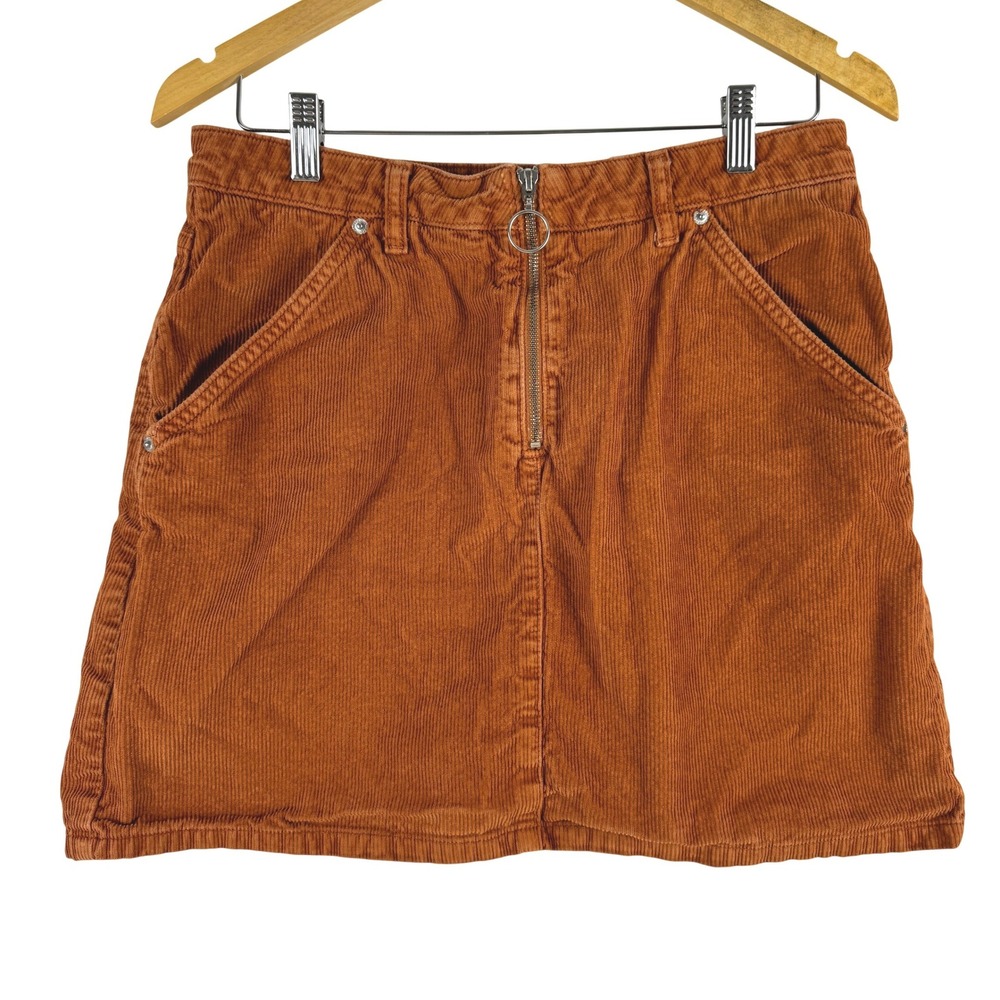 TOPSHOP MOTO Corduroy A-Line Mini Skirt Rust Orange Zipper Fly Sz 10 90s Retro